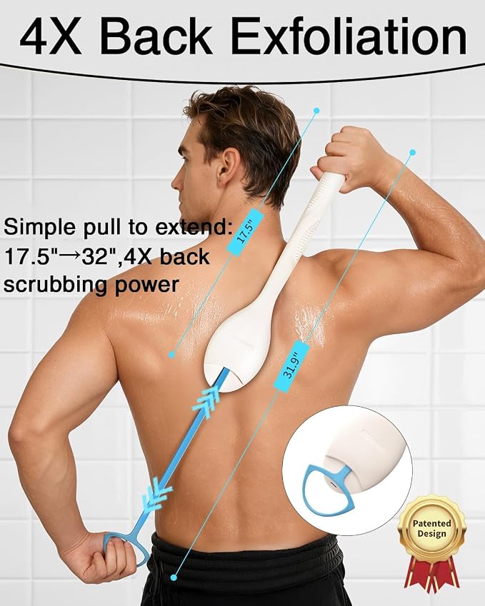 BUBBLEDANCE® Exfoliating Back Scrubber with Extendable Long Handle (17.5"-31.9") - Upgraded Exfoliating Shower Towel & Washcloth for Men & Women, Deep Cleansing Hard Body Scrubber for Acne & Oily Skin