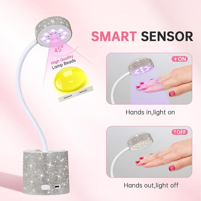 Flash Cure Nail Lamp, UV Nail Lamp for Gel Nails, Cordless Auto Sensor | 27W | Type-C | 1500mAh | Rhinestone | Mini Size | Easy to Carry | DIY Manicure | White Diamond
