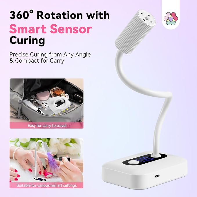 SAVILAND Smart Sensor UV Nail Lamp: Gooseneck 12W UV Light for Gel Nails 3S Flash Cure Light 3 Timer 360° Adjustable Rechargeable 6H Battery Life LED Display Flash Cure Lamp