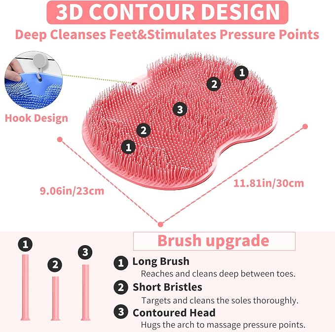 Shower Foot Scrubber Mat with 3 Types of Upgraded Brushes for Massage, Shower Back Scrubber with Micro Suction Cups,Back Washer Exfoliating Bath,Shower Scrubber for Body at Home Spa(Pink)