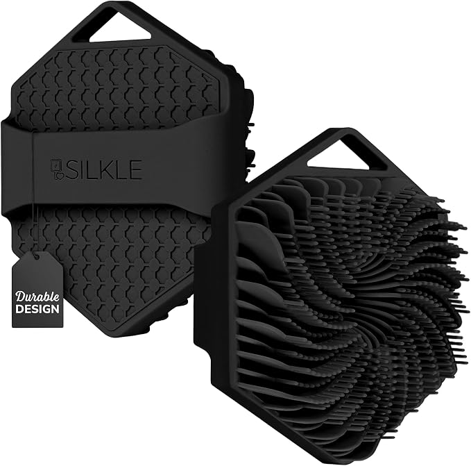 SILKLE Silicone Body Scrubber Exfoliator, Shower Scrubber & Silicone Loofah | Exfoliating Body Scrubber, Non-Slip Grip - Silicone Bath Brush & Shower Brush for Body, Quick-Rinse One-Piece Design - Black