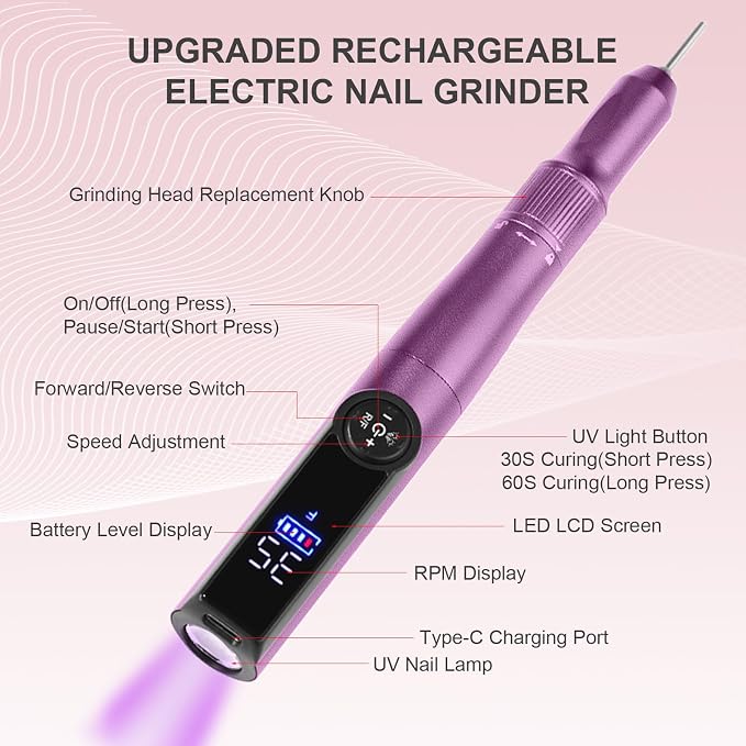 Electric Nail Drill Rechargeable Professional,2 in 1 Nail Grinder & UV Lamp Combo,35000 RPM,Portable Cordless Nail File Machine for Acrylic Nails,Gel Polishing,Shaping Nails,Manicure Art Tools