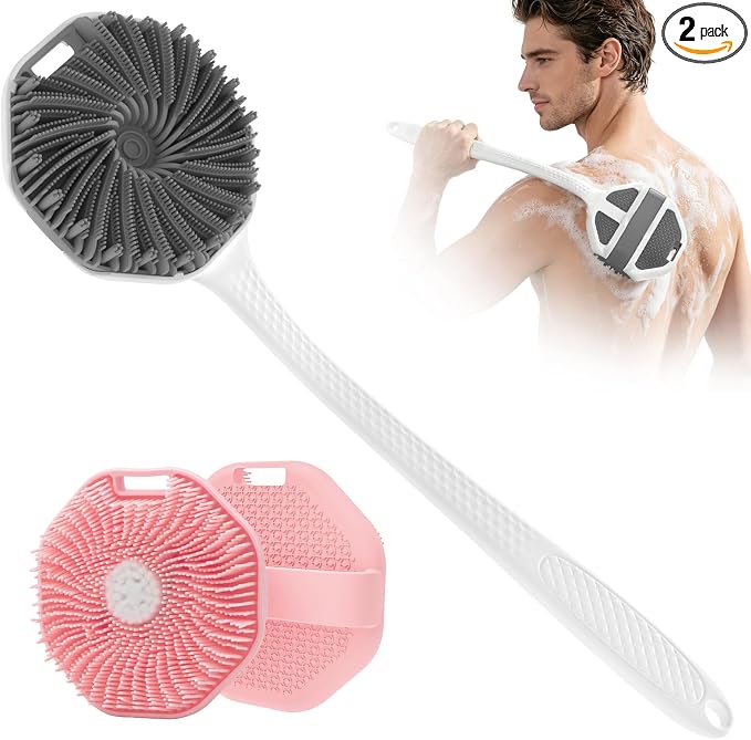 Back Scrubber for Shower 2 Pack, Silicone Scrub Brush with Long Handle & Unique Soft Body Scrubber, Detachable Body Brush Shower Lather Well Deep Clean Exfoliating for Women Men Sensitive Skin Gy&Pk