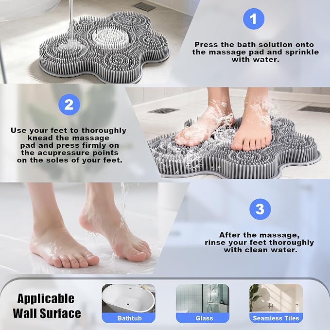 Kalolary Silicone Shower Foot Scrubber Mat with Non-Slip Suction Cups | Back Exfoliating Cleaner Foot Scrubber in Shower Cleaner Brush to Exfoliate and Massage Feet Without Bending Over (Flower)