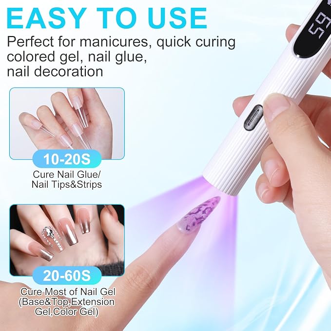 Handheld UV Light for Gel Nails, White Gel Light for Nails Cordless Nail Lamp with LCD Display Fast & Even Curing for All Gel Types Rhinestone Glue Decoration DIY at Home Salon, Travel