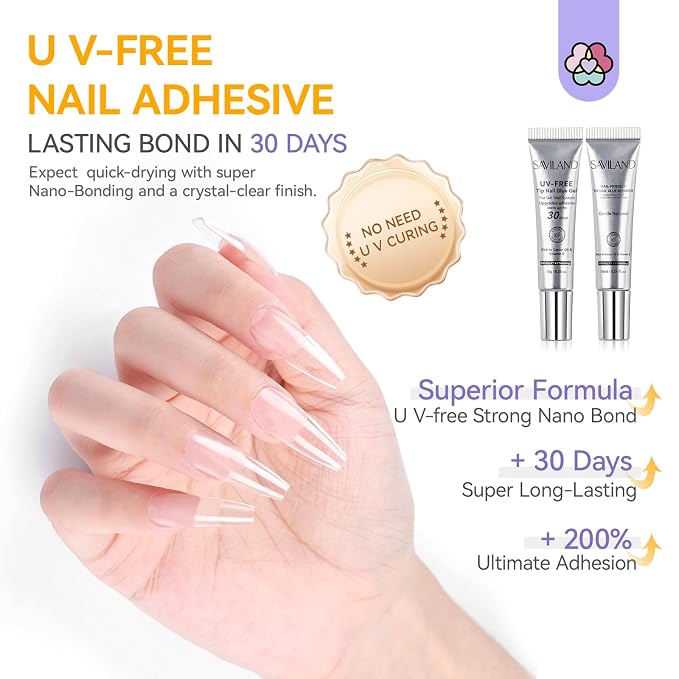 SAVILAND No Curing Nail Glue Gel with Remover: 30-Day Long-Lasting Semi Solid Nail Glue for Press On Nails Air Dry Extra Strong Nail Bond Glue No UV Lamp Needed, Fast False Nail Remover for Home Use