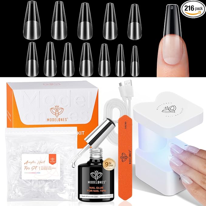 modelones X Nail Gel Kit Long Coffin, 9-in-One Nail Glue with UV Light | 216Pcs 12Sizes Pre-Etched Press ons Fake Acrylic Extension Kit DIY Salon Gift