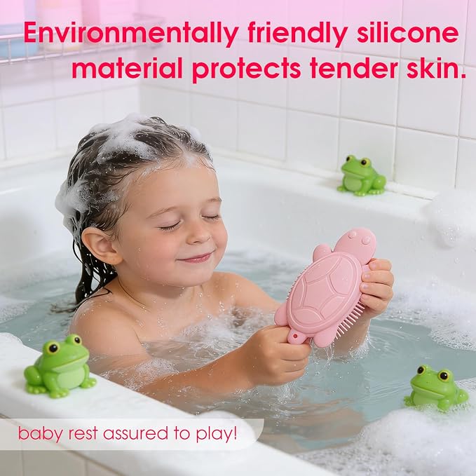 Baby Shower Brush,Kids Silicone Body and Back Exfoliating Mitt - Soft Bristles, Gentle Exfoliation, Cute Turtle Design Makes Children Love Bathing(Pink)