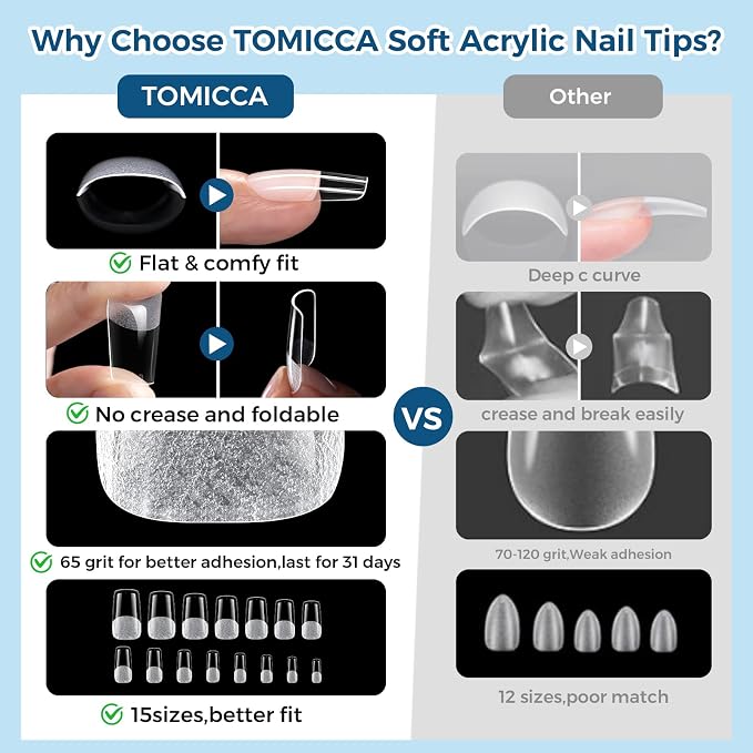 TOMICCA Medium Square Nail Tips, 240pcs 15 Sizes, Soft Gel Tips | Half Matte Pre-Shaped Full Cover Clear Fake Nails, Acrylic Press on Nails for Extension, Beginners and Professional Salon