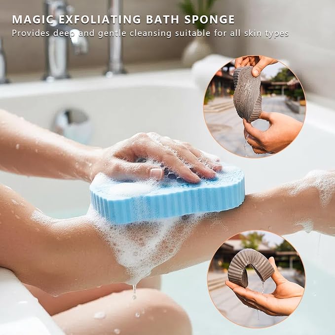 Magic Exfoliating Bath Sponge & Scalp Massager Set (2 Sponges, 1 Scrubber), Body Scrubber & Silicone Scalp Brush for Deep Cleansing, Dandruff Care & Relaxation