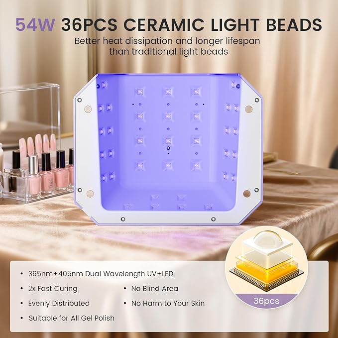 Lavinda 54W UV LED Nail Lamp – Plug-in Gel Nail Light with LCD Display, 4 Timers, Auto Sensor, Dual Wavelength, Nail Dryer for Home & Salon Purple