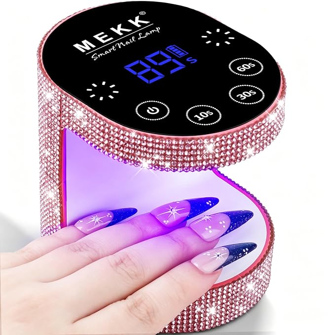 MEKK Mini UV Light for Gel Nails, 24W Cordless Flash Cure Nail Lamp | Flash cure, Auto Sensor, 4 Timers (10/30/60/90s), Portable, USB-C, for Home & Travel & Salon, Sparkling Pink Diamond
