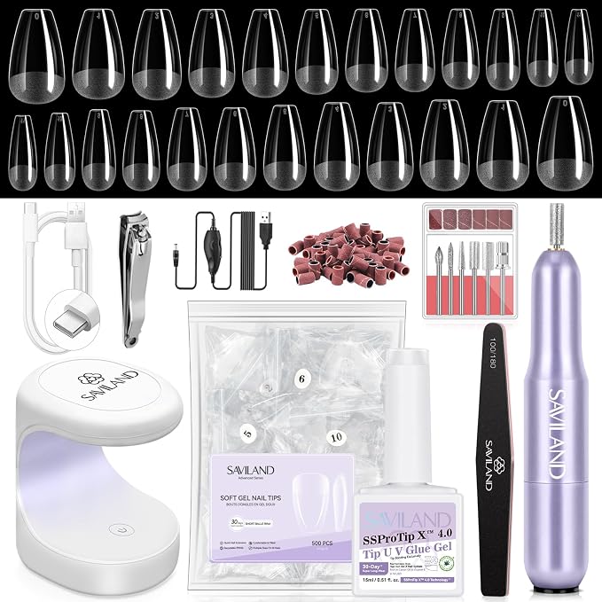 SAVILAND Advanced Gel Nail Kit: Salon Grade Nail Kit with Portable Light Short Coffin Nail Tips 500 Pcs 12 Sizes 30 Days Long-Wear Nail Kit Acrylic Set with U V Nails Glue Nail Lamp Drill DIY At Home | with Portable Light Short Coffin 500 Pcs 12 Sizes ...