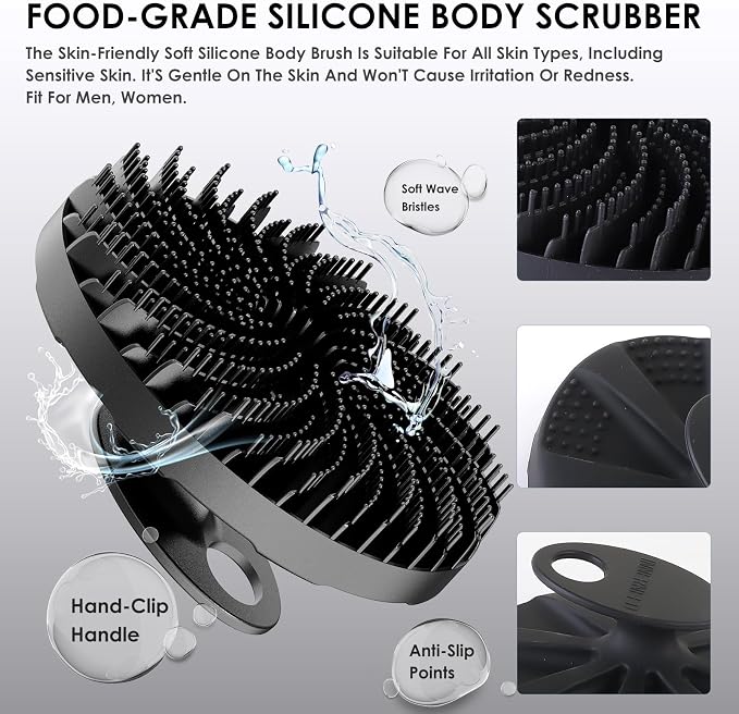INNERNEED Food-Grade Silicone Body Scrubber Bath Shower Cleansing Brush, Gentle Exfoliating and Massaging, Nice Foaming, More Hygienic and Last Longer (Black)