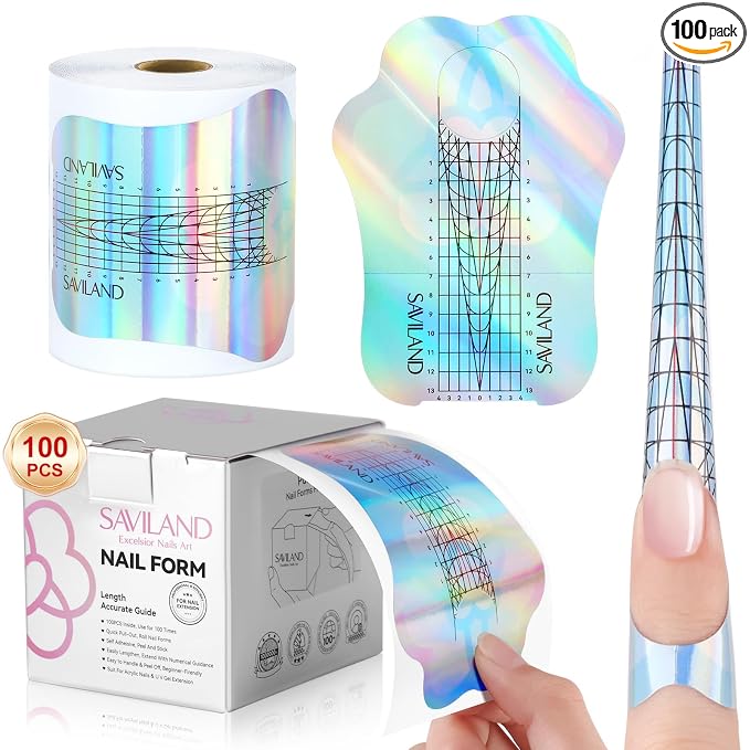 SAVILAND Reusable Long Length Nail Forms for Acrylic Nails Builder Nail Gel | Super Sticky, Poly Gel Nail Forms, Sturdy Self-adhesive Nails Model Stencils, Home sSalon Extension