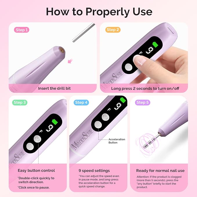 MelodySusie PC90G Cordless Nail Drill & P-Art01R Handheld UV Lamp | Starter Kit for Manicure, Acrylic Nails & Gel Polish, Portable for Home, Salon & Travel, Beginner Essential Set Purple
