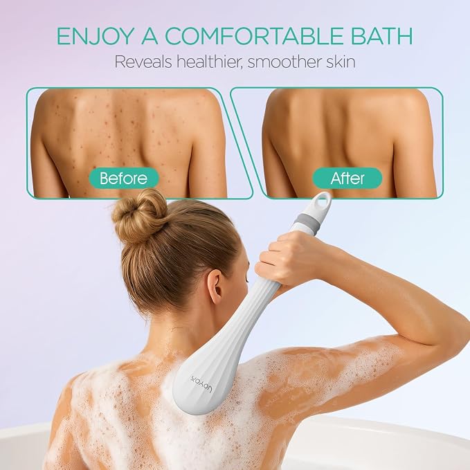 VOYOR Electric Body Brush Back Scrubber for Shower Rechargeable BC100, Grey | Exfoliating Bath Brush Powered Shower Brush with Non-Slip Long Handle Deep Cleansing, Exfoliation, Massaging Spin Brush