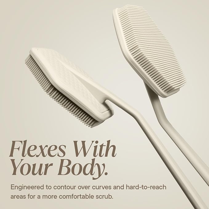 TOOLETRIES Silicone Back Scrubber for Shower, Bath Brush - Sand | Long ergonomic handle and non-slip grip make exfoliating hard-to-reach areas simple and comfortable.