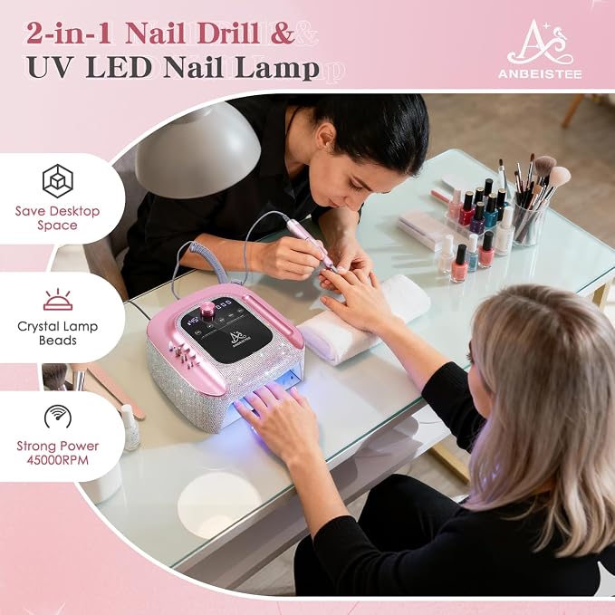 2-in-1 Nail Drill & UV LED Nail Lamp, Professional Rechargeable 45000 RPM Electric Nail Drill Machine, Nail Grinder, Fast Nails Dryer Curing Lamp, Designed for Salon, Home