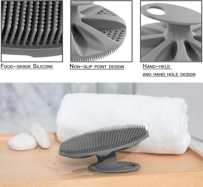 INNERNEED Silicone Body Cleansing Brush Exfoliating Scrubber, Gray | Gentle Massage, Deep Clean, Hygienic Shower Scrub Brush Soft Bristles for All Skin Types, Easy to Hold