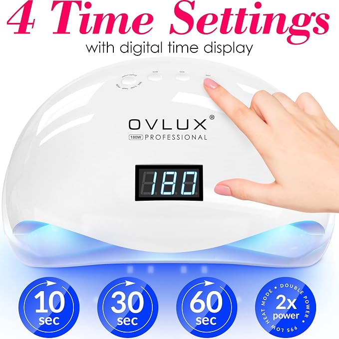 OVLUX 180W UV LED Nail Lamp Professional – Fast Gel Nail Dryer with 57 LEDs, LCD Countdown, Auto Sensor & Low Heat Mode, UV Light for Gel Nails, Salon & Home, Nail Buffer & File Set