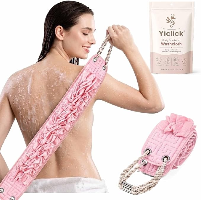 Yiclick Back Scrubber for Shower, Exfoliating Washcloth Towel with Handle, Body Scrubber Exfoliator, Bath Sponge Loofah Luffa, Back Washer Wash Cloth for Men Women, Korean Exfoliate Body Scrub