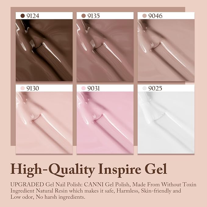 CANNI 9ML Gel Nail Polish Set 6 Nude Pink Shades UV LED Soak Off Gel Polish | Smooth Application • Highly Pigmented • Glossy Finish • Long-Lasting Wear • Nail Art • Salon DIY Manicure • Easy Application