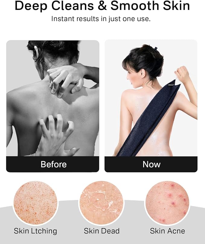Yiclick Exfoliating Washcloth Towel with Handle, Back Scrubber for Shower, Exfoliating Body Scrubber Exfoliator, Japanese Wash Cloth for Body Scrub, Bath Sponge Loofah Luffa Washer Exfoliator