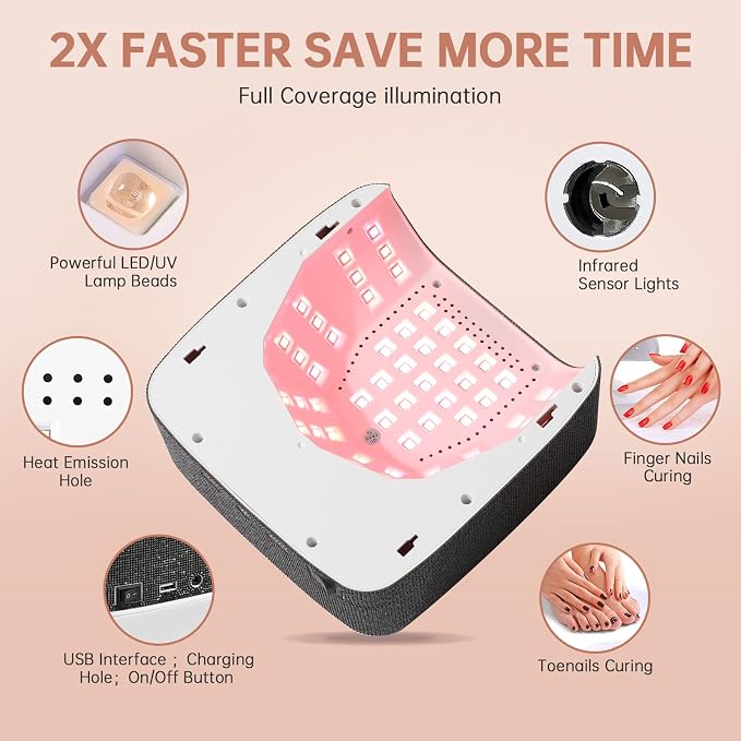 96W UV LED Nail Lamp Cordless Nail Dryer for Gel Polish | Rechargeable UV Light for Gel Nails Quick Dry Curing with Large LCD Display, with 3 Timer Setting Auto Sensor for Salon&Home