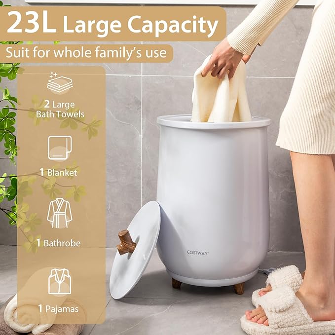COSTWAY Bucket Style Towel Warmer, 23L Towel Warmer with 4 Heating Time & 3 Heating Temperature, Overheat Protection System, Fragrant Disc Holder, Towel Warmer for Bathroom, Hot Tub, Spa, White