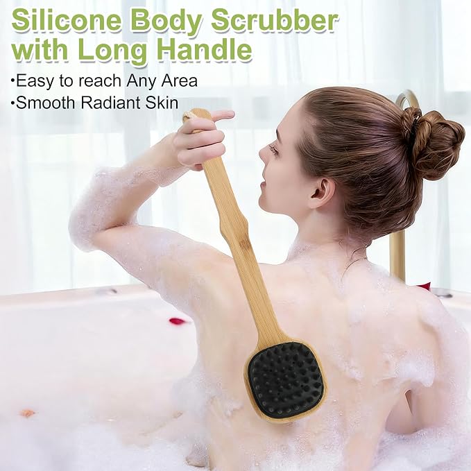 Silicone Back Scrubber for Shower, Stocking Stuffers for Men, Silicone Bath Body Brush Loofah with Long Handle, Dual-Sided Shower Brush for Body, Black Exfoliating Body Scrubber Back Washer with Hook