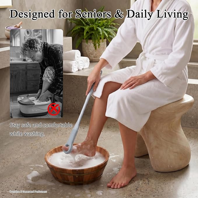 2 Pack Toe Cleaning Brush with 15.7" Long Handle, Silicone Foot Scrubber & Exfoliating Anti-Itch Brush for Bath & Feet, No-Bend Long Reach Feet Cleaner for Seniors & Daily Living (Grey)