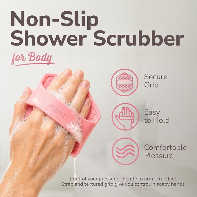SILKLE Silicone Body Scrubber Exfoliator, Shower Scrubber & Silicone Loofah | Exfoliating Body Scrubber, Non-Slip Grip - Silicone Bath Brush & Shower Brush for Body, Quick-Rinse One-Piece Design - Pink