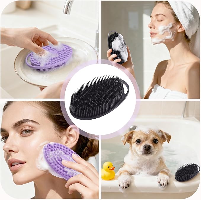 2 Pack Silicone Body Scrubber, Exfoliating Shower Scrubber for All Skin | 2 in 1 dual-sided design, soft bristles and massage bumps side, fast-drying, non-slip handle, for women and men, Black+Purple
