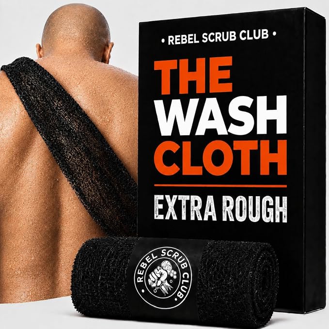 Extra Rough Exfoliating Washcloth, Body and Back Scrubber for Men, 1 Pack | 35 x 12 nylon extra rough exfoliating shower towel with a sewn-in hanging loop for easy upper and lower back reach.