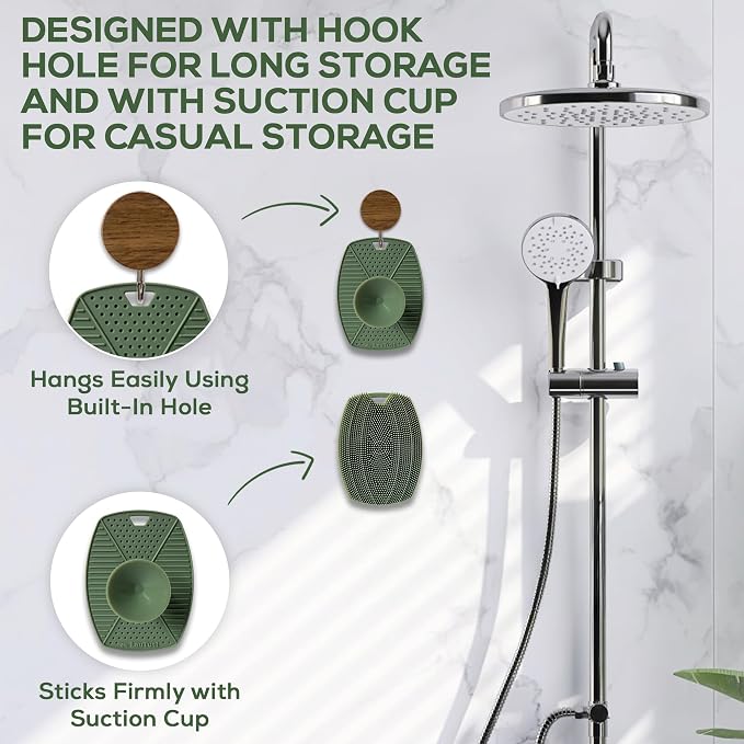 Silicone Body Scrubber — Suction Cup Mount & Hook, Gentle Exfoliating Shower Brush, Soft Loofah Alternative for Men, Women & All Skin Types — Sage Green