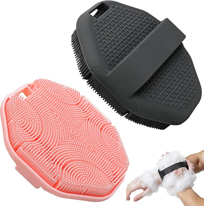 2-Pack Silicone Body Scrubber Shower Brushes,Exfoliating Body Scrubber for All Skin Type, Eco Friendly Shower Scrubber for Body, Soft Silicone Loofah for Men & Women (Pink & Black)