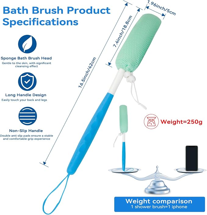 Back Scrubber for Shower,15.35"Curved Body Brush with Anti Slip Long Handle | Long Back Scrubber for Men & Women, Skin Exfoliating Curved Back Scrub Brush, Removable Long Handle Mesh Sponge Back Washer