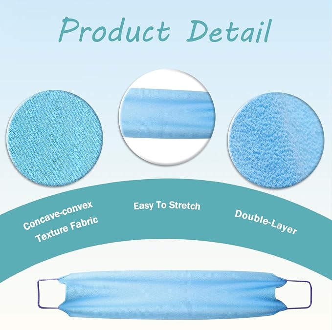 Body Scrubber with Handles Exfoliating Washcloth Towel for Shower Bath 2Pcs Nylon Back Exfoliator Extended Length Back Washers Back Scrubber Towel Stretchable Pull Strap for Sensitive Rough Skin