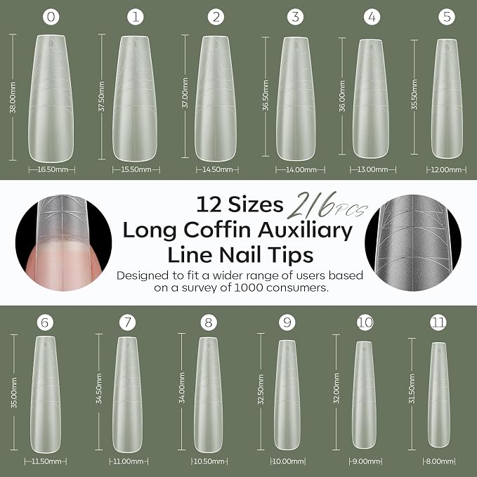 Modelones Long Coffin Guiding Line Nail Tips Soft Gel Fake Nails False Full | Acrylic Clear Full Cover Press on Extension Kit Gel Manicure DIY at Home 216PCS 12Sizes