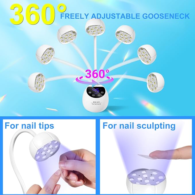 MEKK Gooseneck Flash Cure Nail Lamp, 36W Mini UV Light for Gel Nails | Cordless,Auto Sensor, 4 Timers (10/30/60/90s), Single Nail Detail Work, Portable, USB-C, flower Design, Salon & Home,White
