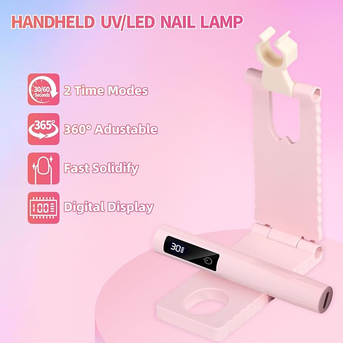 Handheld UV Light for Gel Nails with Stand, Portable Cordless Nail Lamp with LED Display, Eye Protection Cover & Flash Cure for Glue, Rhinestones & Liner Gel | Ideal for Home DIY & Professional Use
