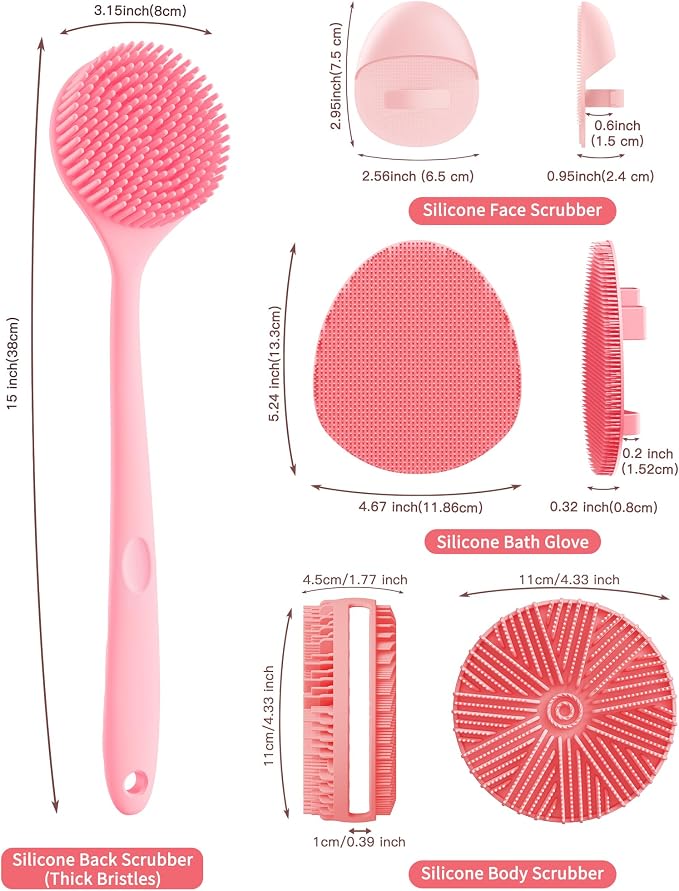 Manmihealth Silicone Body Scrubber & Scalp Massager 5PCS Set Style 2 Pink | Super-Exfoliating Back Scrubber Shower Brush & Shampoo Brush Combination, with 2 Free Hooks