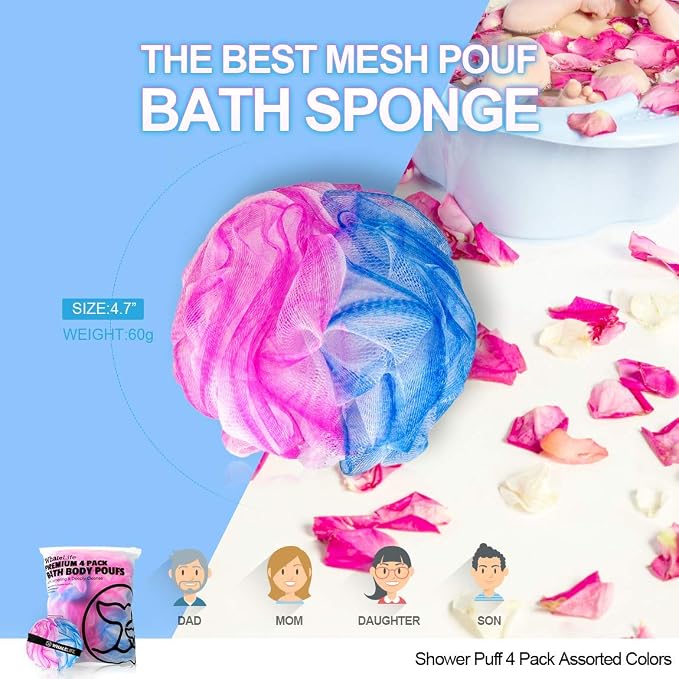 Loofah Sponge Bath Sponge for Women Men 4 Pack (Blue Pink Conbine) | 10X Suds Save Body Wash Double Knotted Anti Tear Core Fast Dry Cotton Loop Stay Fresh Large Mesh for Sensitive Skin
