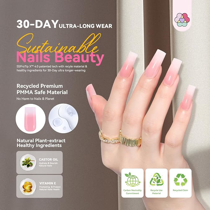 SAVILAND Press On Nails for Women: With Builder Gel for Nails 16 Sizes Long Square French Tip Gel Nail Kit Pink White Ombre U V Nail Glue and Remover Gels Lamp Top Coat and Primer Kit