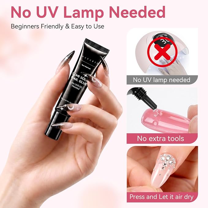 Makartt Press On Nail Glue: 10ML, 20s Air Dry, Semi Solid No Mess,Hema-Free | No UV Lamp Needed, Strong & Long-Lasting, Gap-Filling for Flat or Curved Nails, Adjustable for Beginners, Precise Control