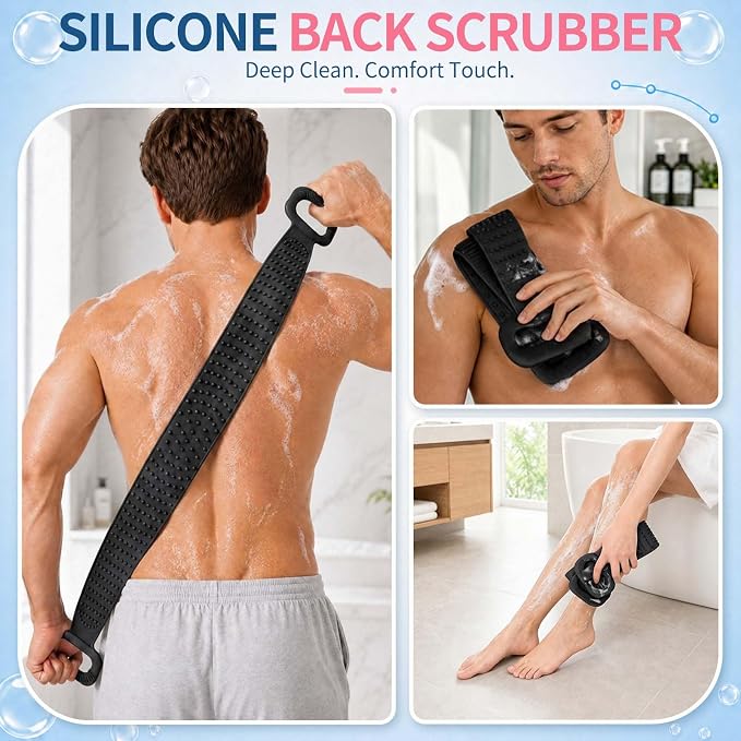 Manmihealth 36'' Extendable Silicone Back Scrubber for Shower Black | Back Washer with Long Strap Handle, Dual-Sided Silicone Body Brush for Men and Women
