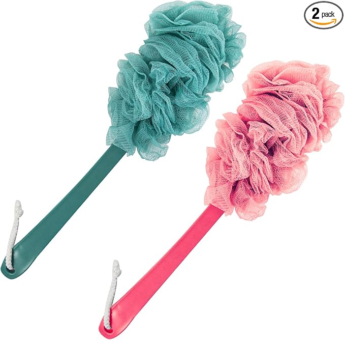 Evmliy Back Scrubber for Shower, Loofah Sponge Brush Exfoliating Body, Long Handle Scrub Brush for Shower with Loofah on a Stick for Back Use, Bathing Accessories Body Brushes (2Pack)