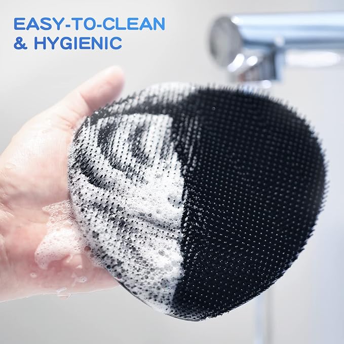 Manmihealth Silicone Back Scrubber & Soft Bath Glove Set 2PCS Black | Super-Exfoliating Body Scrubber & Super-Lathering Shower Brush Combination, Thick Bristles, with a Free Hook