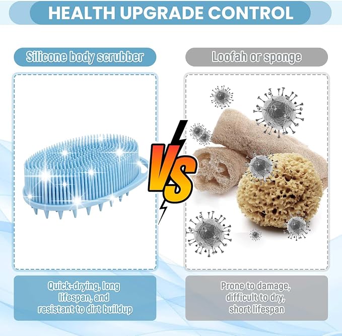 2PCS Silicone Body Scrubber, Blue & Green | Premium Silicone Loofah for Women Men and Kids, Gentle Exfoliating Shower Bath Scrubber for All Kinds of Skin